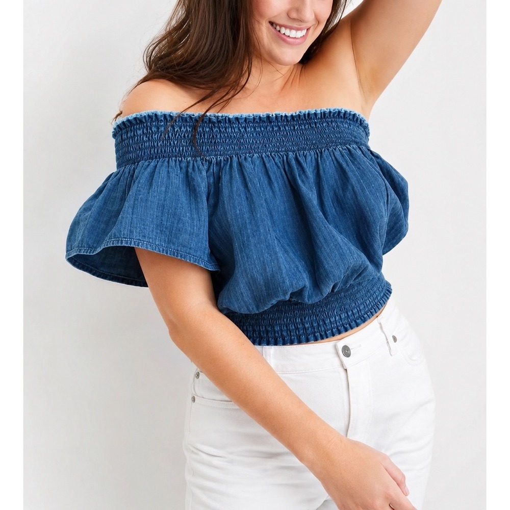 Aerie Blue Denim One Shoulder Ruffle Smocked Crop Top Size M